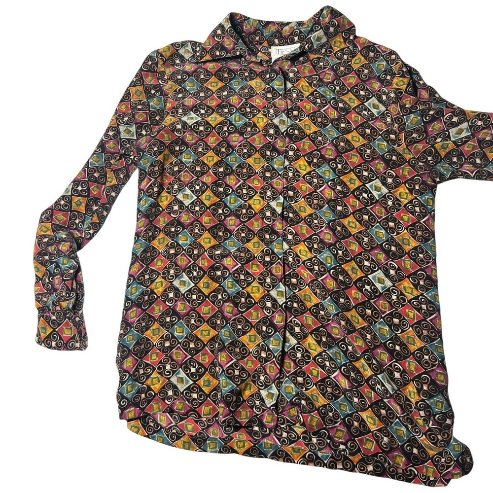Tess Vintage 100% Silk Button Down Blouse Geometric Harlequin Print Womens‎ Med